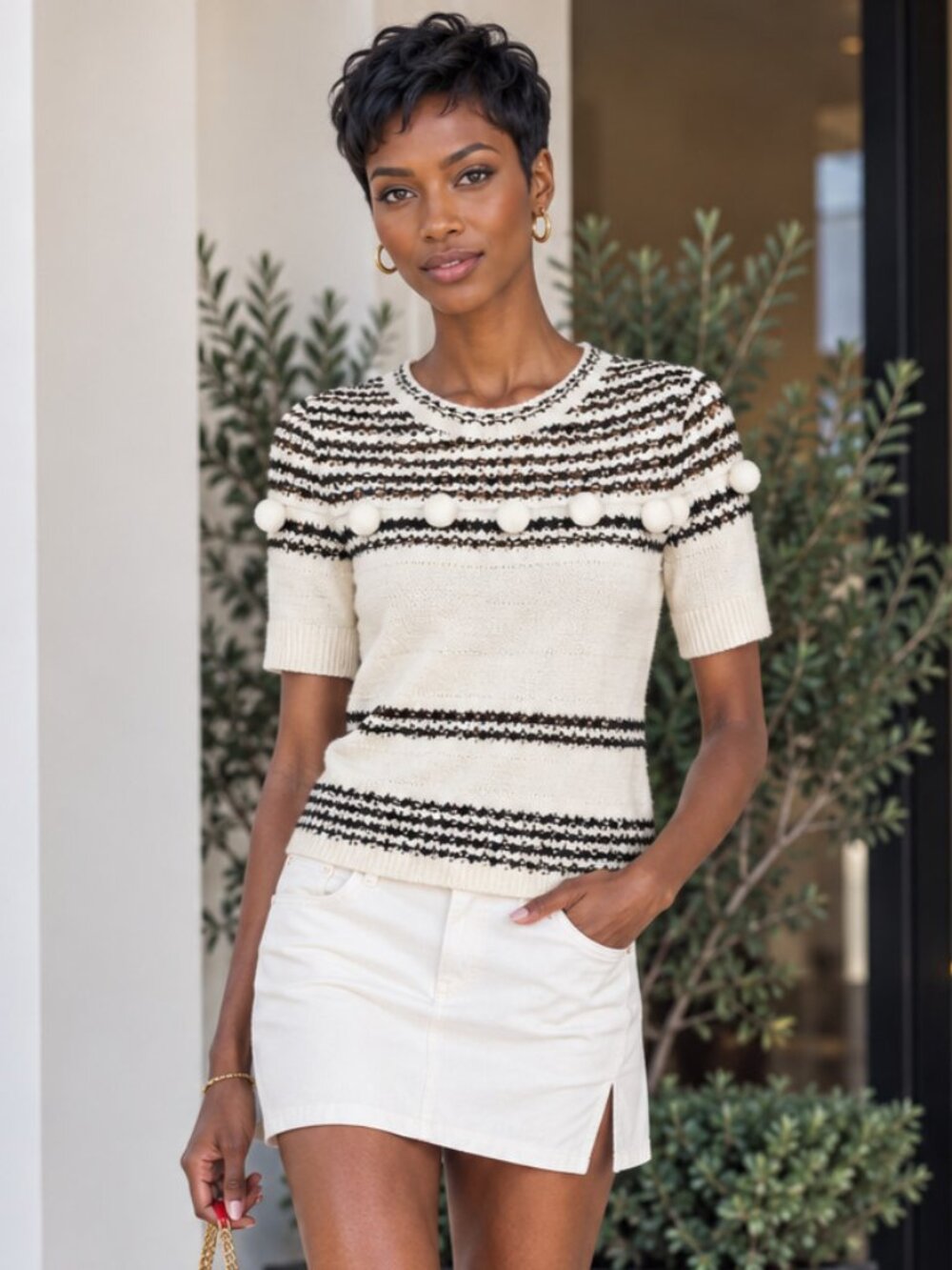 Broome Street Kate Spade New York Stripe Pom Pom Knit Top NJMU7417 Sz S Small